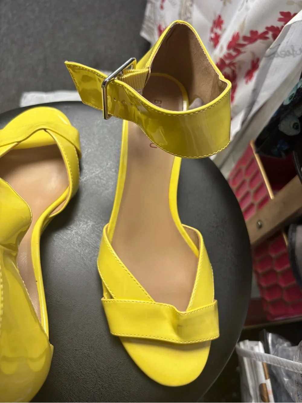 Bisou Bisou Lemon Yellow Patent Wedge Sandals with Buckle Ankle Strap